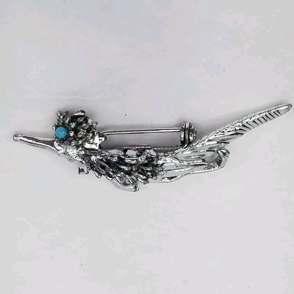 ROADRUNNER Pin Bird Brooch Blue Eye Unsigned Silver Tone Metal Lapel Hat Vintage - Picture 3 of 10